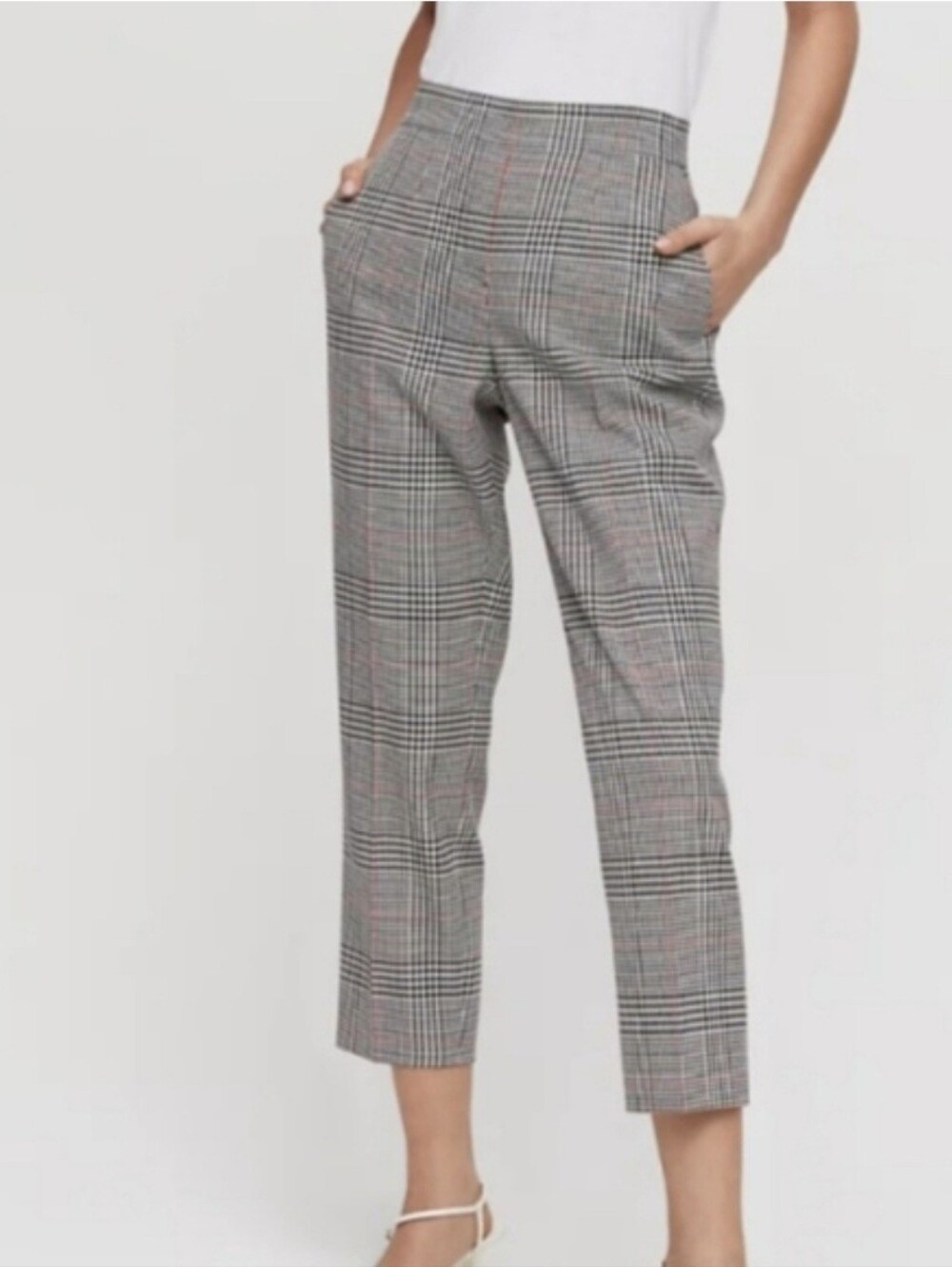 Aritzia Babaton Conan Black & White Glen Plaid Ankle Pants with Red Windowpane
